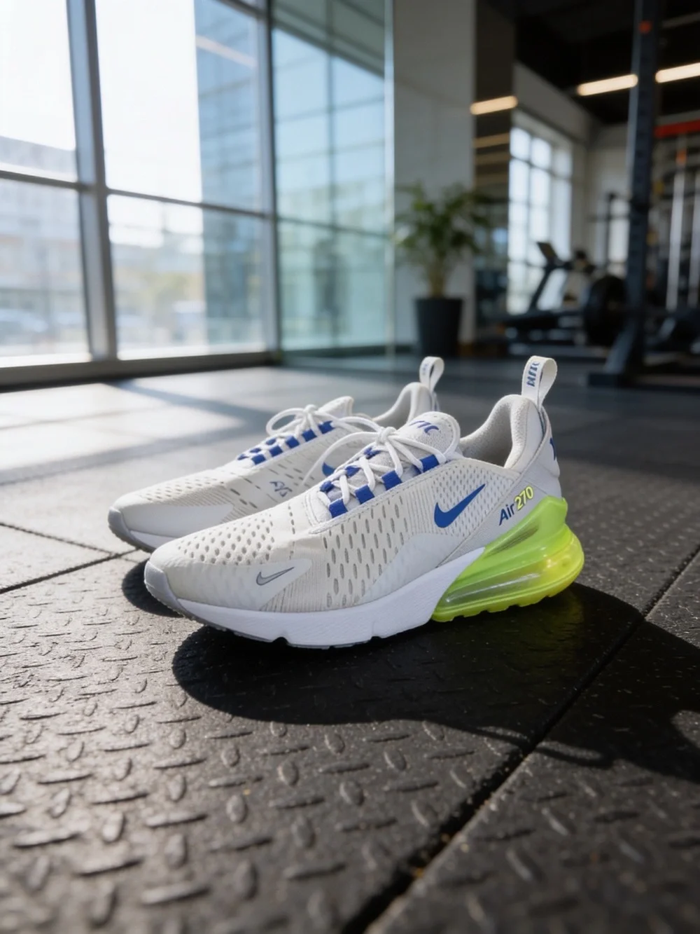 Nike White Sneakers with Blue Swoosh and Neon Green Air Heel